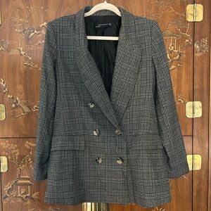 Zara Gray Plaid Double-Breasted Blazer Suit Jacket
